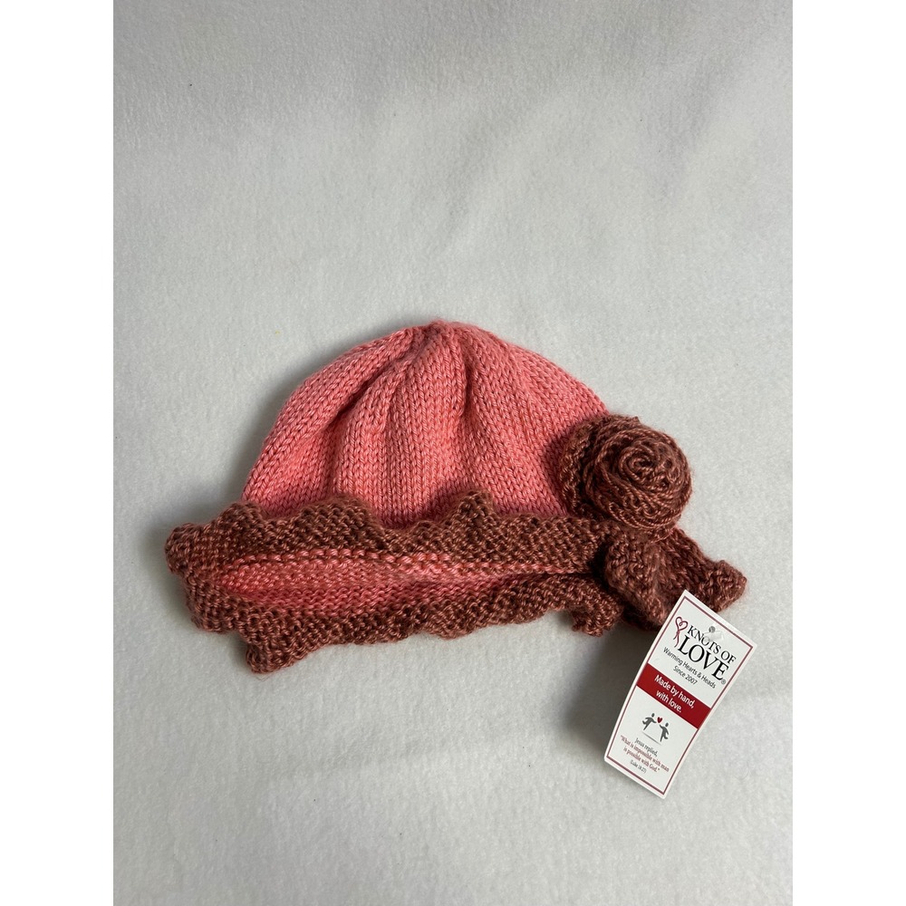 Cottagecore Knots of Love Women Pink Brown Knit Beanie Crochet Rose Ruffle Hat